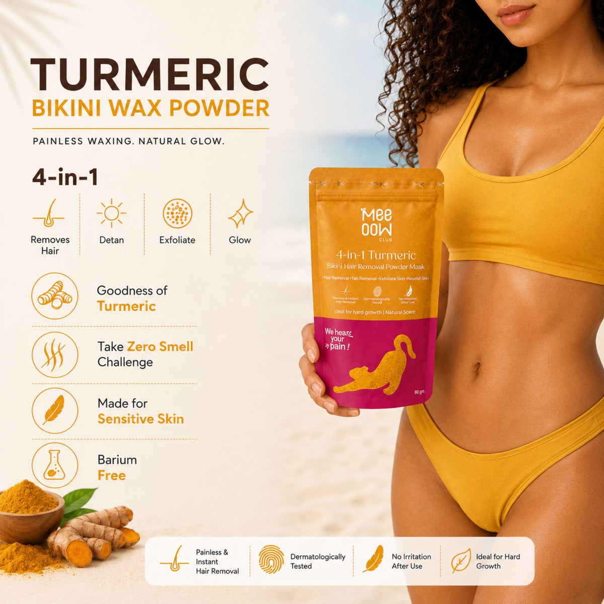 Turmeric Bikini Hair Removal Mask + Rose Body Hair Removal Mask + Morrocon Nila Powder Clay Mask - Combo of 3