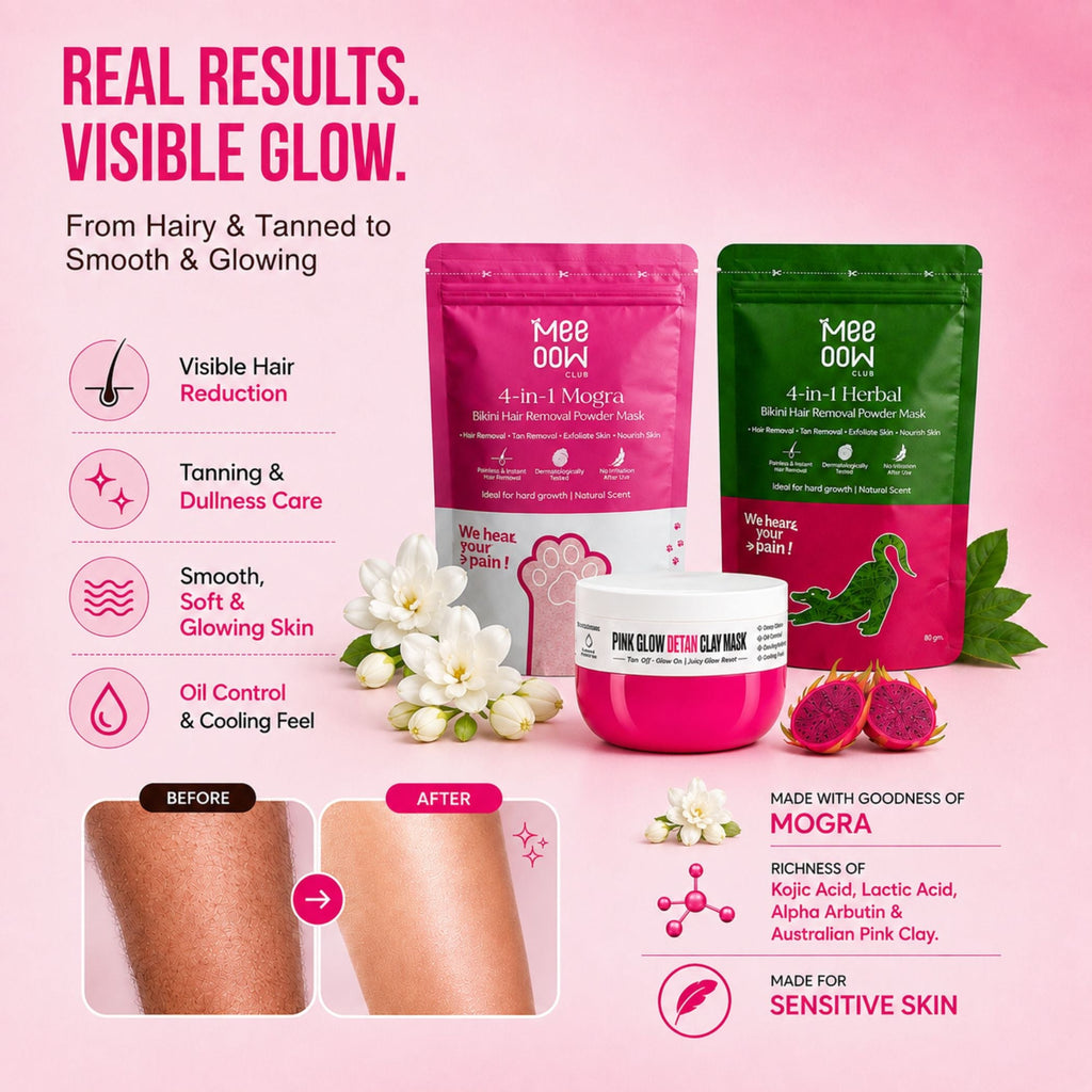 Herbal Bikini Hair Removal Mask + Mogra Body Hair Removal Mask + Pink Glow Detan Clay Mask - Combo of 3