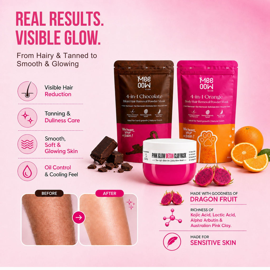 Chocolate Bikini Hair Removal Mask + Orange Body Hair Removal Mask + Pink Glow Detan Clay Mask - Combo of 3