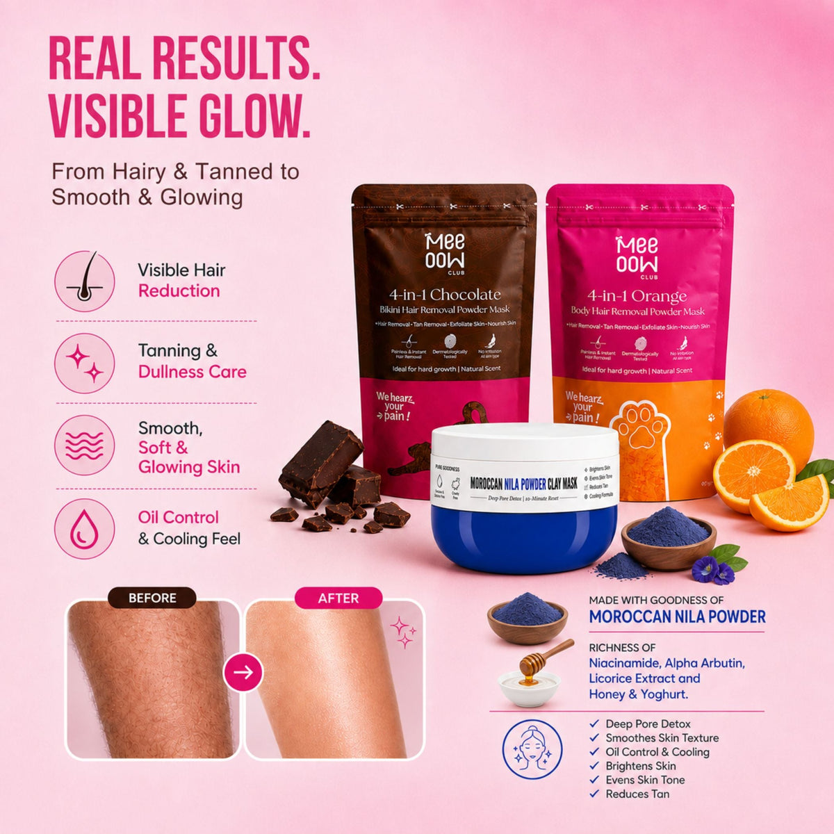 Chocolate Bikini Hair Removal Mask + Orange Body Hair Removal Mask + Morrocon Nila Powder Clay Mask - Combo of 3